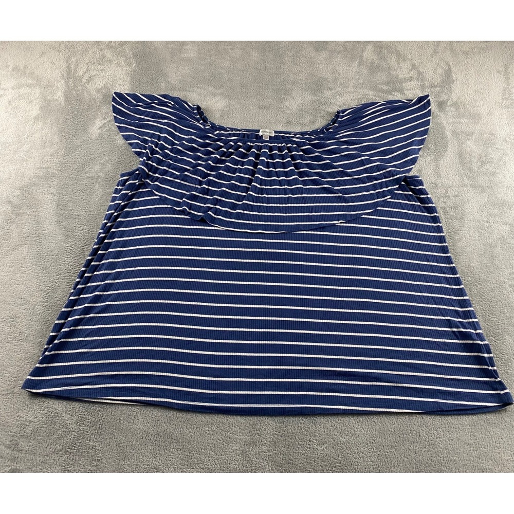 Avenue Womens Plus 26/28 Navy Blue White Striped Ruffle Off Shoulder Ribbed‎ Top